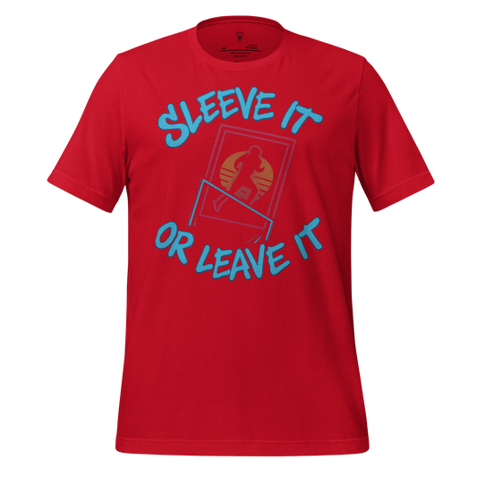 Red JMK Drip sleeve it or leave it shirt with blue text and graphic design on front