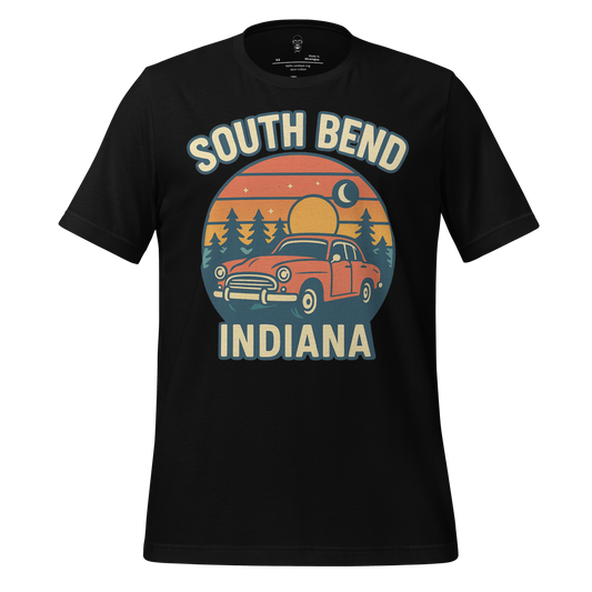 Black South Bend Graphic T-Shirt with vintage car and sunset design from JMK Drip