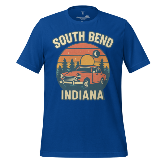 South Bend Graphic T-Shirt in blue with vintage car and sunset design for Indiana fans