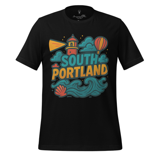 Black South Portland Graphic T-Shirt with colorful lighthouse, waves, clouds, and hot air balloon design