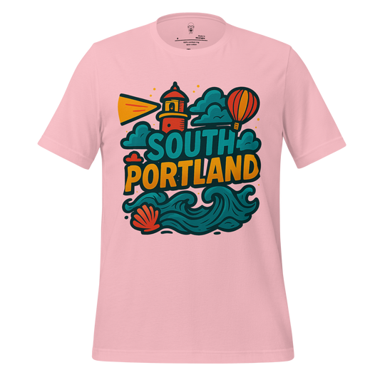 Pink South Portland Graphic T-Shirt with lighthouse, hot air balloon, waves, and shell design