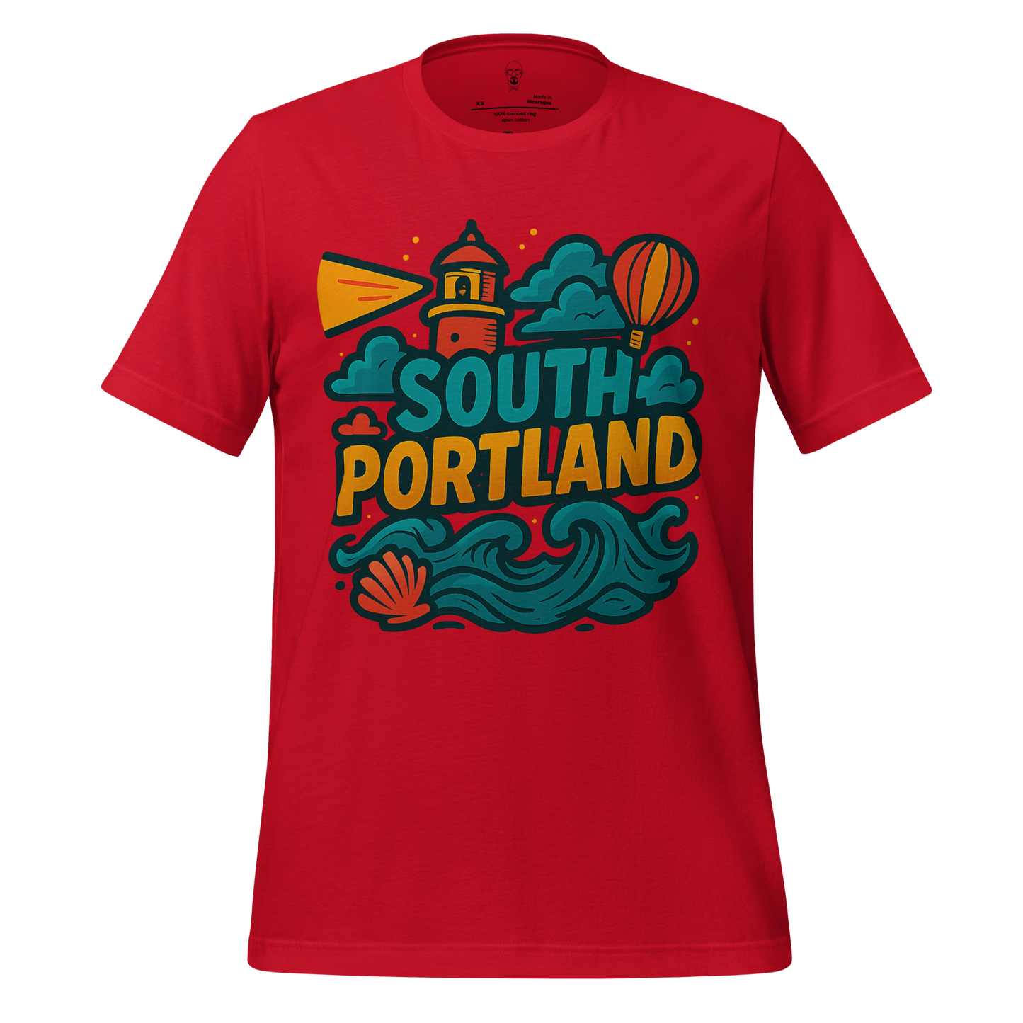 Red JMK Drip South Portland Graphic T-Shirt with lighthouse, waves, and hot air balloon design