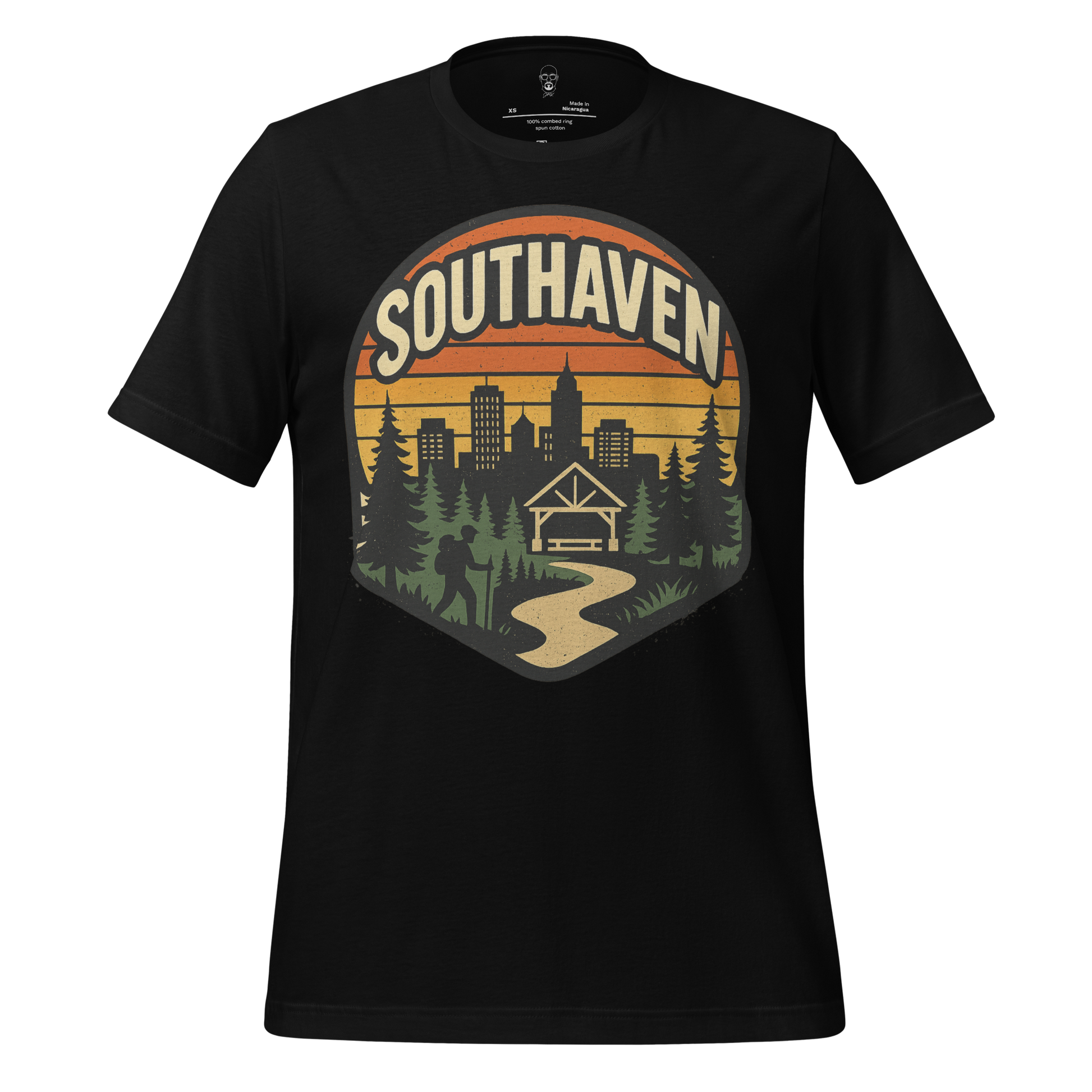 Black JMK Drip Southaven Graphic T-Shirt with scenic city and forest design on front