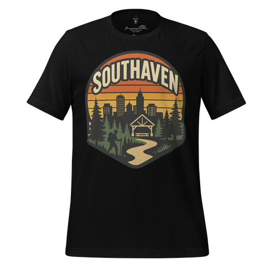 Black JMK Drip Southaven Graphic T-Shirt with scenic city and forest design on front