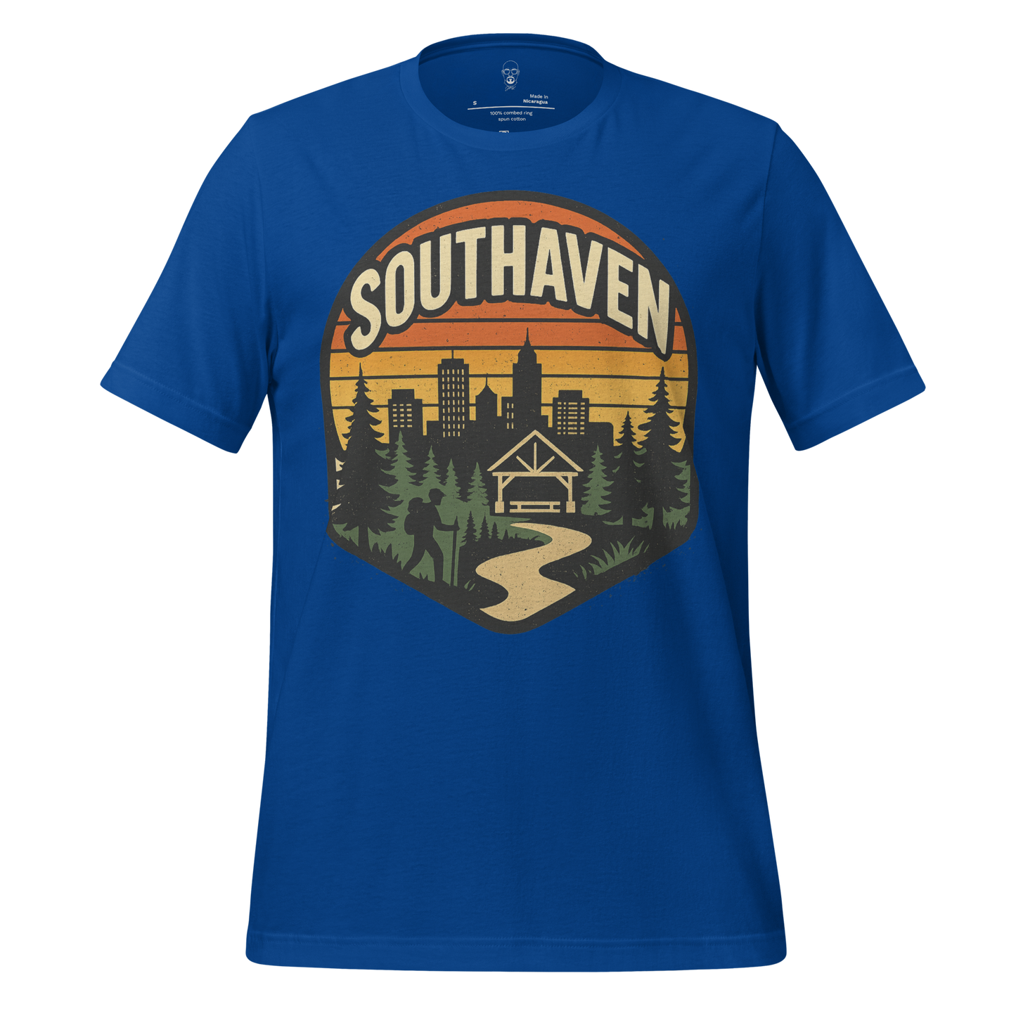 JMK Drip Southaven Graphic T-Shirt in blue with city skyline and forest hiking design