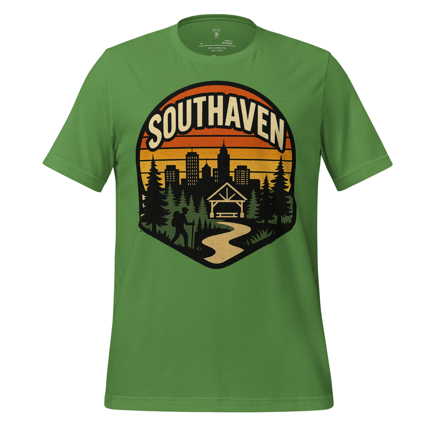 Green Southaven Graphic T Shirt with cityscape sunset and hiking trail design