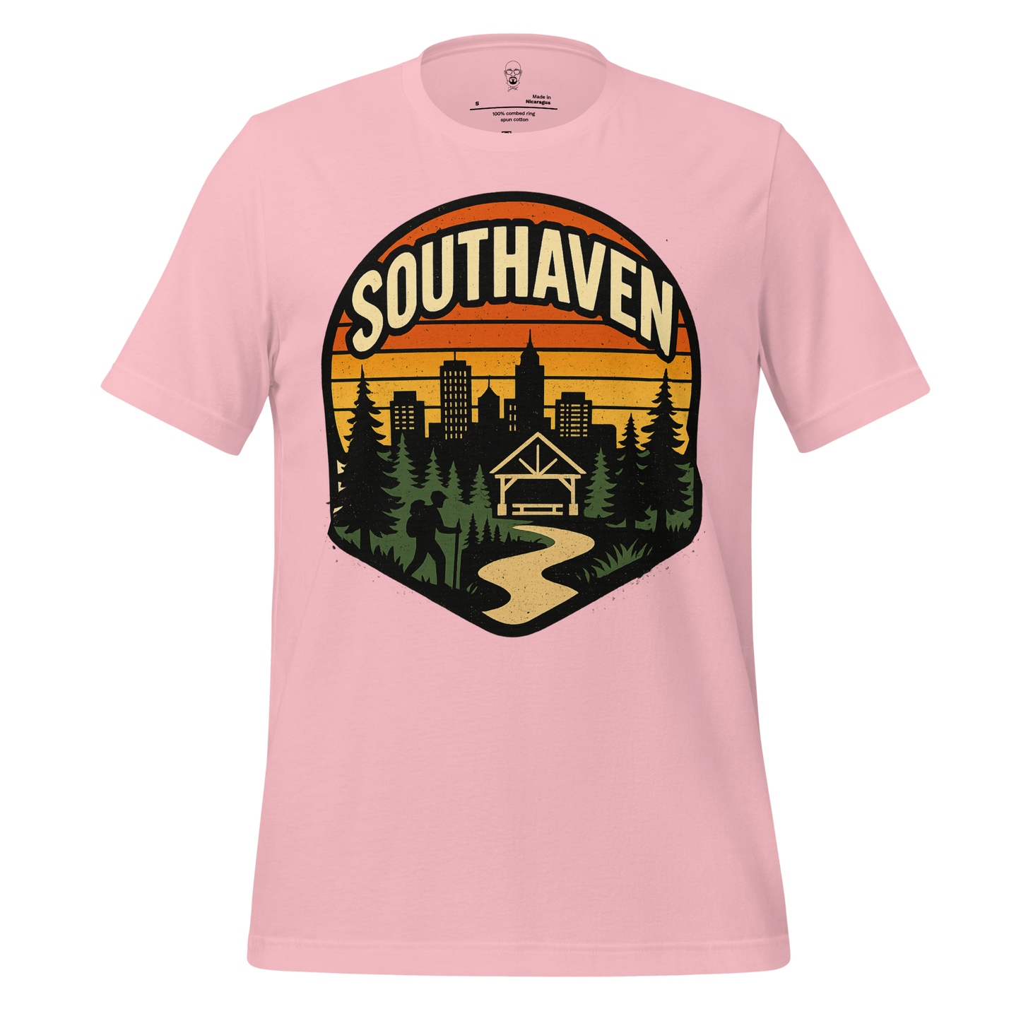 Pink Southaven Graphic T-Shirt with city skyline, trees, and pathway design by JMK Drip