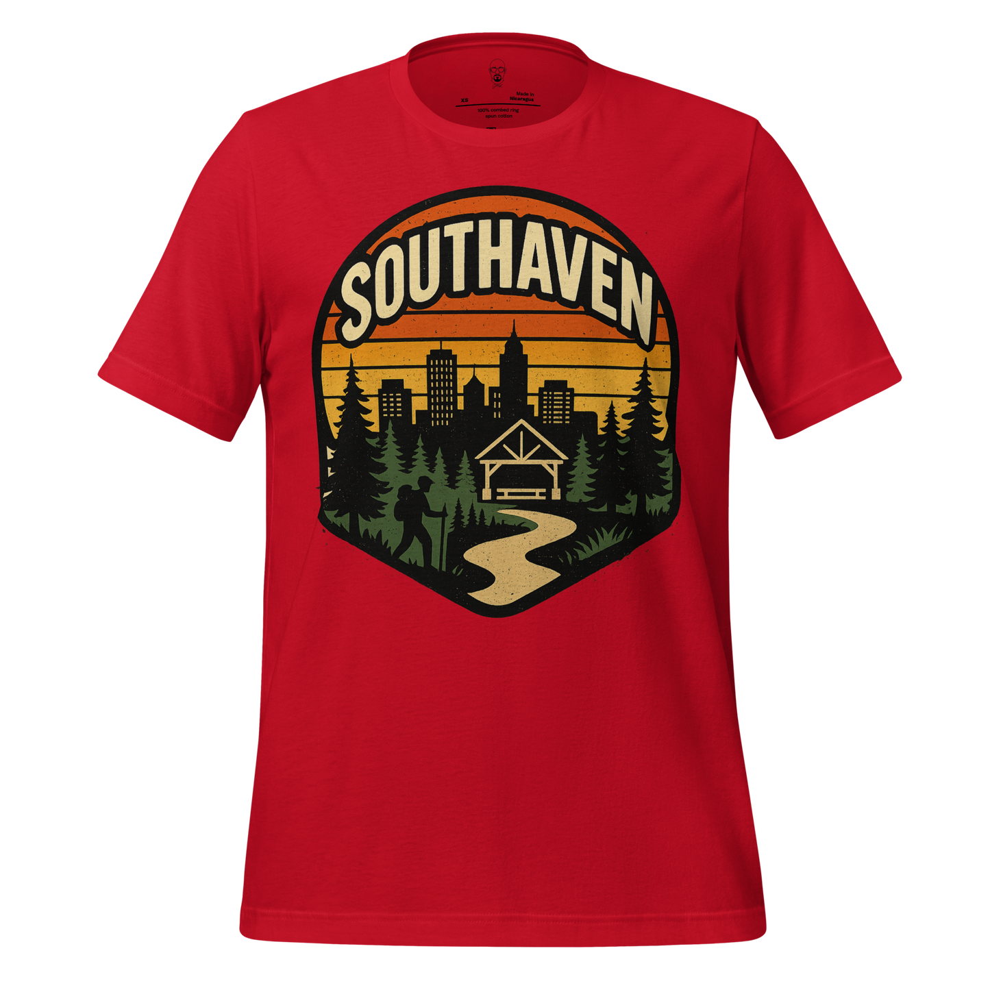 Red Southaven Graphic T-Shirt with city skyline and forest hiking design by JMK Drip