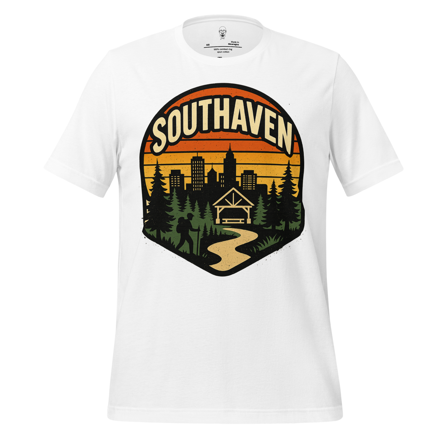 White Southaven Graphic T-Shirt with city skyline, trees, and pathway design by JMK Drip