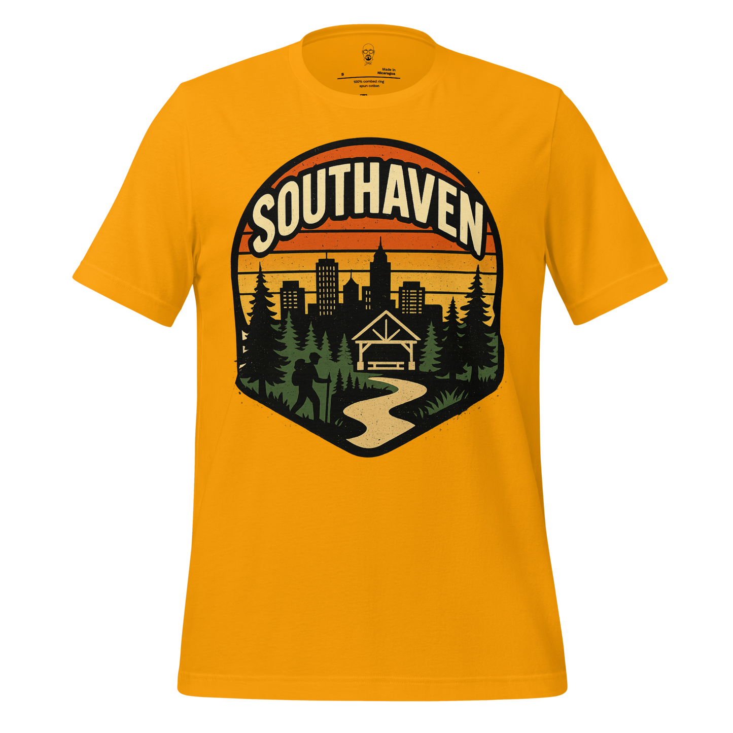 Yellow Southaven Graphic T-Shirt with city skyline and forest hiking trail design