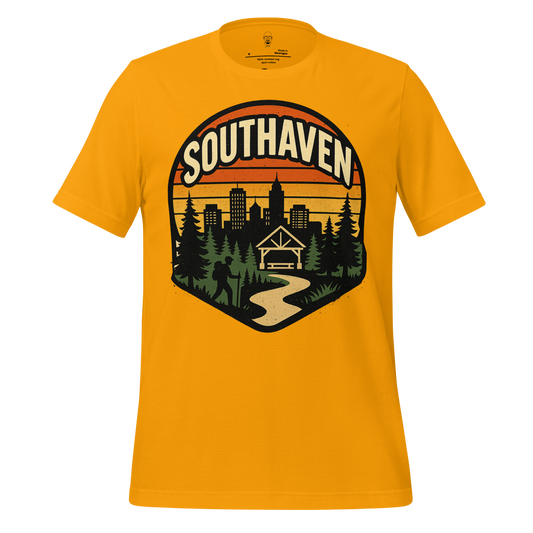 Yellow Southaven Graphic T-Shirt with city skyline and forest hiking trail design