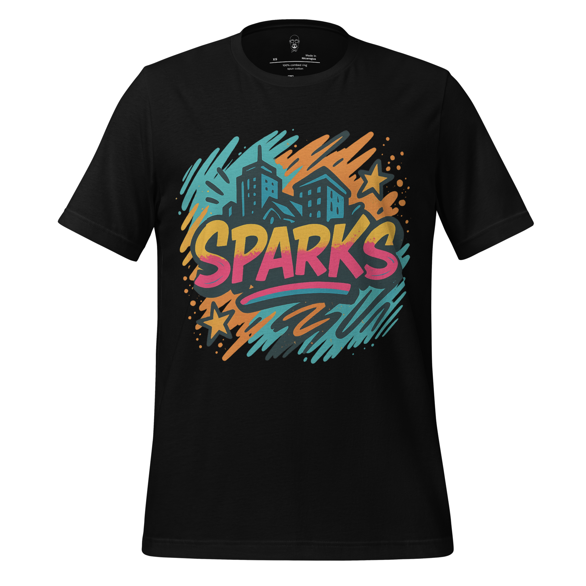 JMK Drip Sparks Graphic T-Shirt black crew neck with colorful city and star design