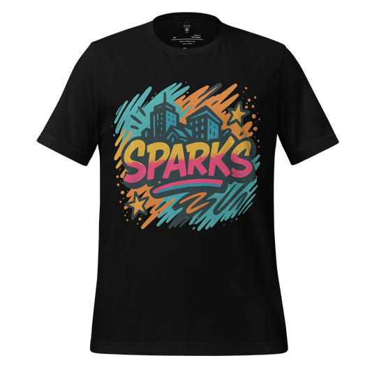 JMK Drip Sparks Graphic T-Shirt black crew neck with colorful city and star design