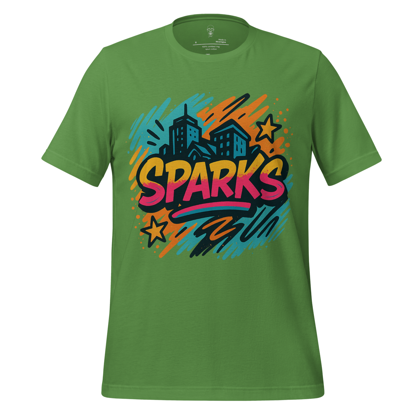 Green Sparks Graphic T-Shirt by JMK Drip featuring colorful cityscape and star design