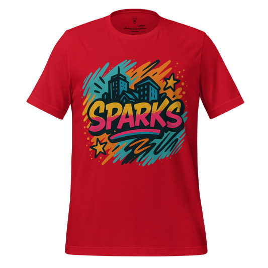 JMK Drip red Sparks Graphic T-Shirt with colorful cityscape and star design on front
