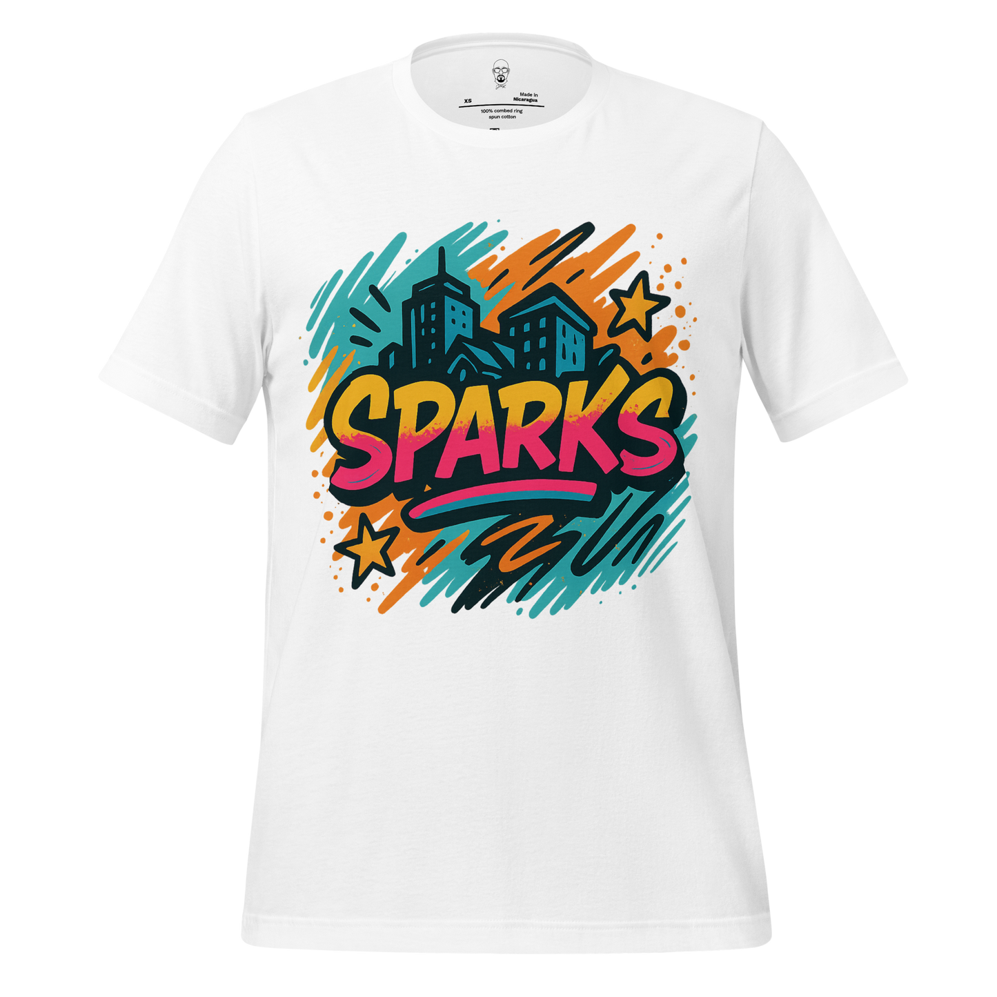 White Sparks Graphic T-Shirt by JMK Drip with colorful cityscape and stars design