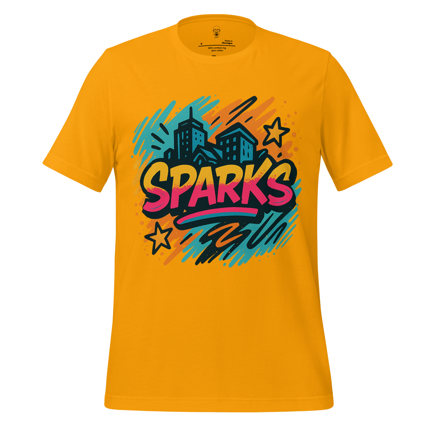 JMK Drip Sparks Graphic T-Shirt in mustard yellow with colorful cityscape and stars design
