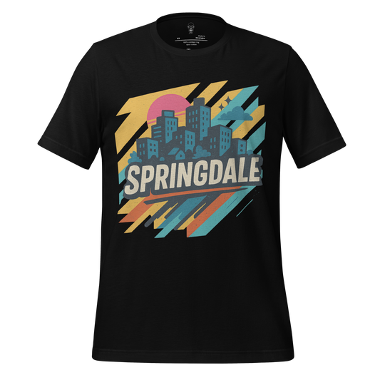 JMK Drip black Springdale Graphic T-Shirt with colorful city skyline and retro design