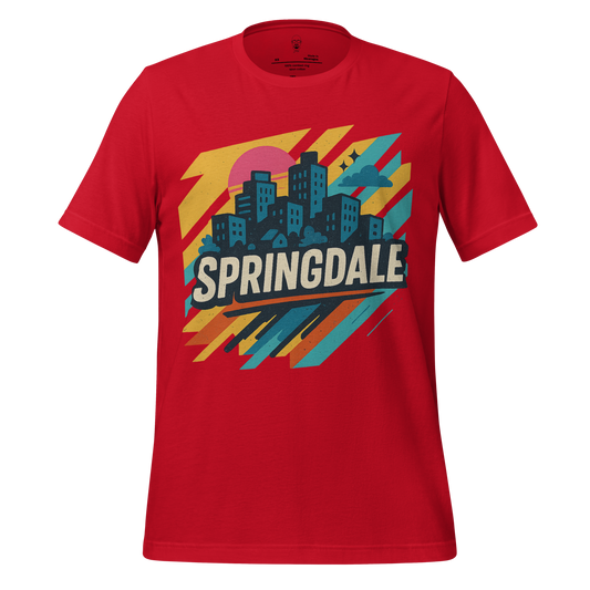 Red Springdale Graphic T-Shirt by JMK Drip with colorful cityscape design and bold lettering