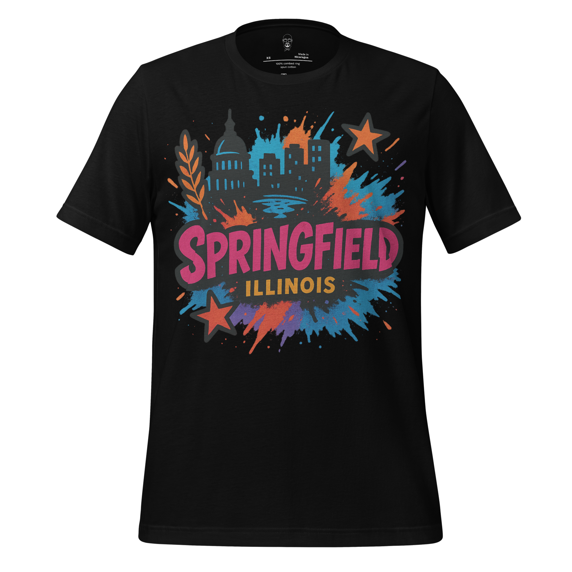Black Springfield Graphic T-Shirt by JMK Drip with colorful city skyline and star design
