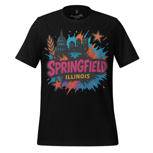 Black Springfield Graphic T-Shirt by JMK Drip with colorful city skyline and star design