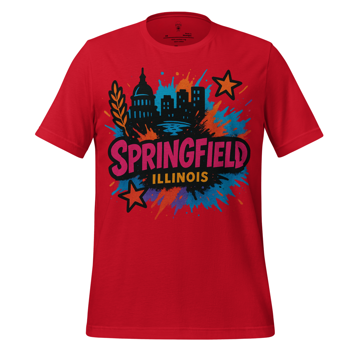 Red Springfield Graphic T-Shirt with colorful Illinois city skyline and star designs by JMK Drip