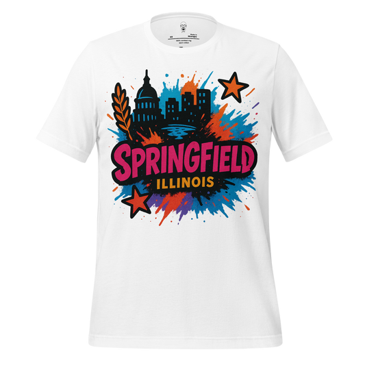 White Springfield Graphic T-Shirt with colorful city skyline and stars design by JMK Drip