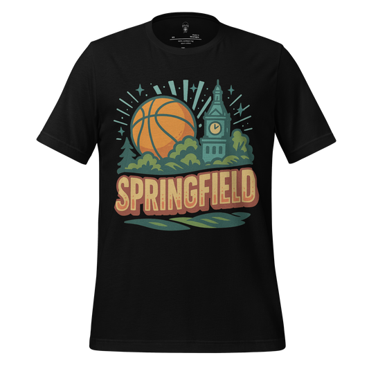 Black Springfield, Massachusetts Graphic T-Shirt with basketball and clock tower design