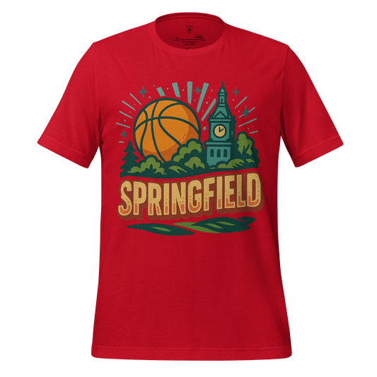 Red Springfield, Massachusetts Graphic T-Shirt with basketball and city skyline design by JMK Drip