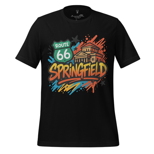 Black Springfield, Missouri Graphic T-Shirt with colorful Route 66 and city building design by JMK Drip