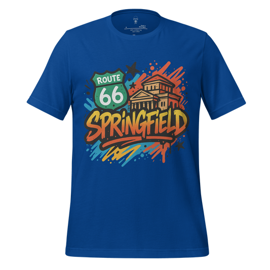 JMK Drip Springfield, Missouri Graphic T-Shirt in blue with Route 66 and colorful city design