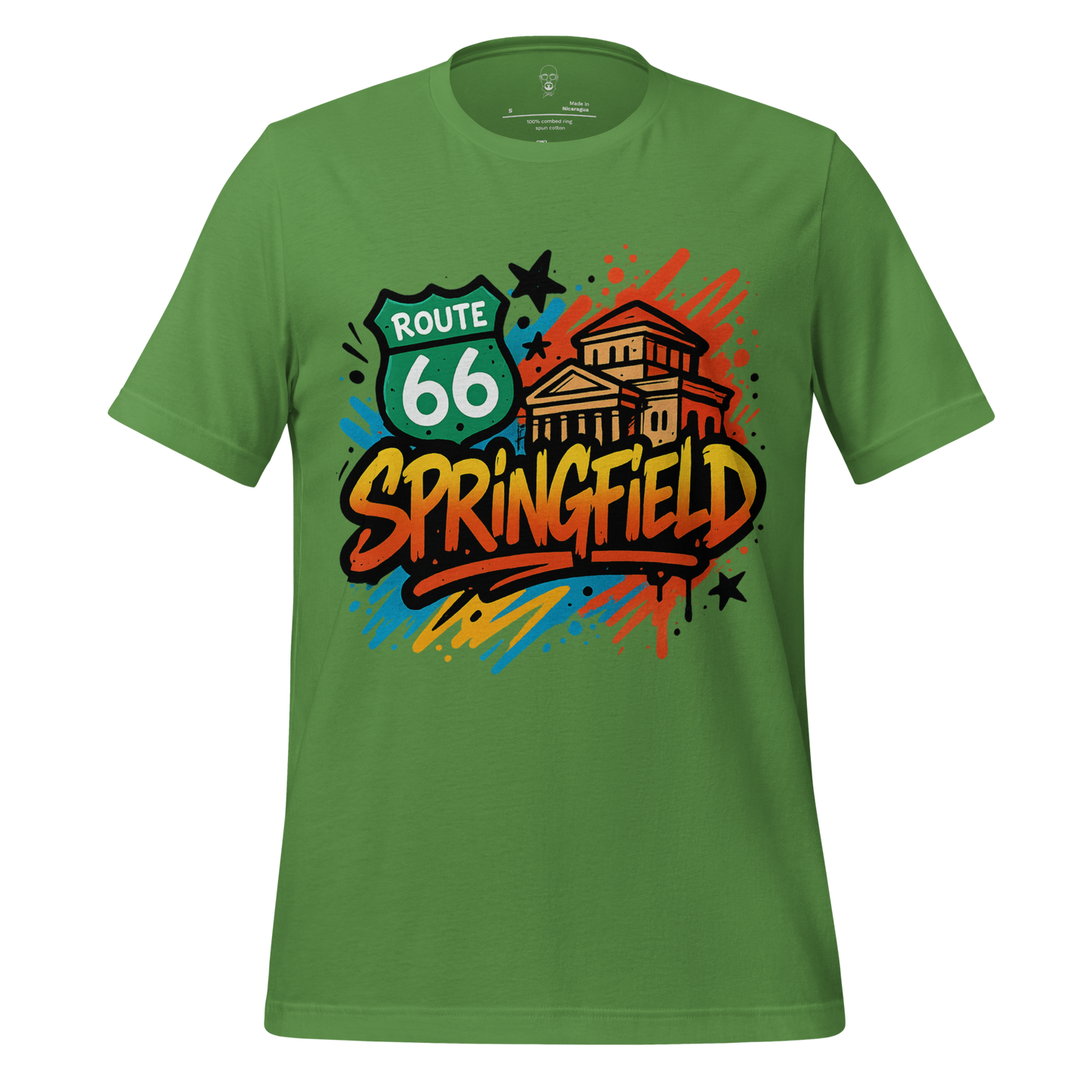 Green Springfield, Missouri Graphic T-Shirt with Route 66 and colorful city design by JMK Drip