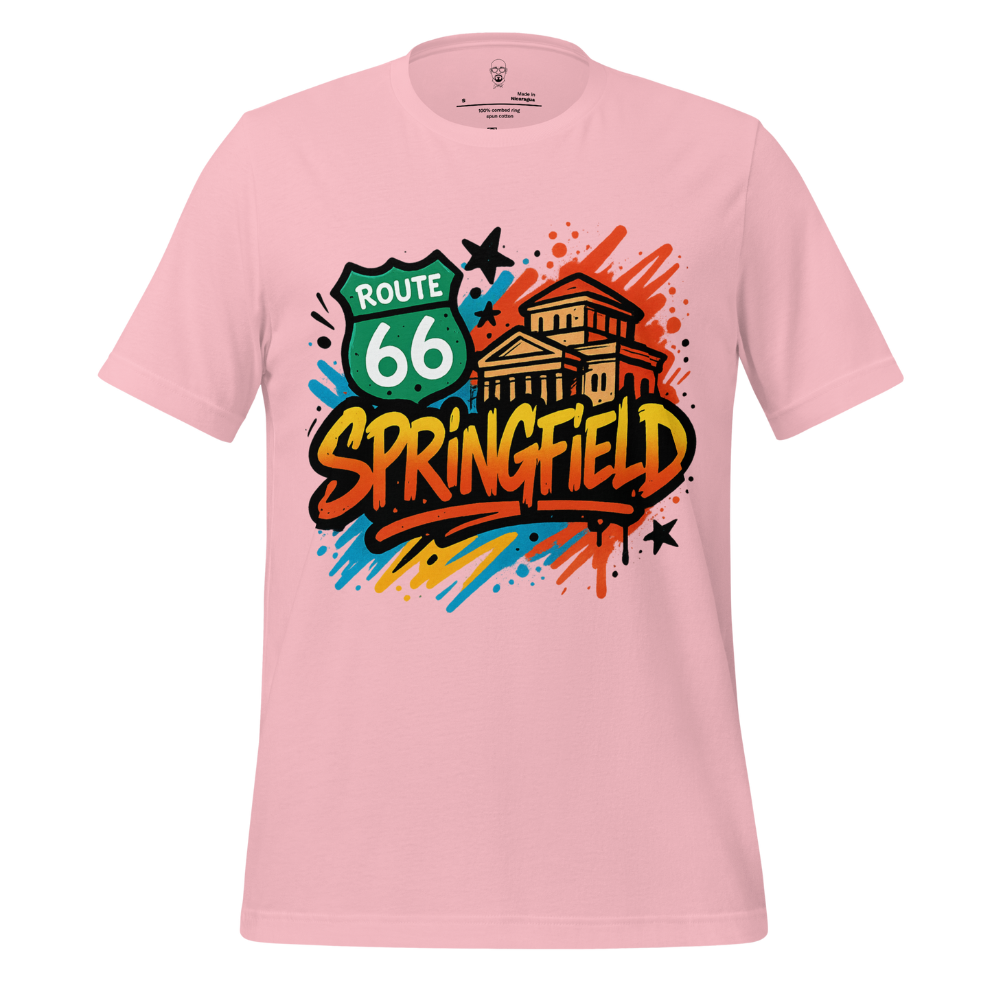 Pink Springfield, Missouri Graphic T-Shirt featuring Route 66 and colorful cityscape design by JMK Drip