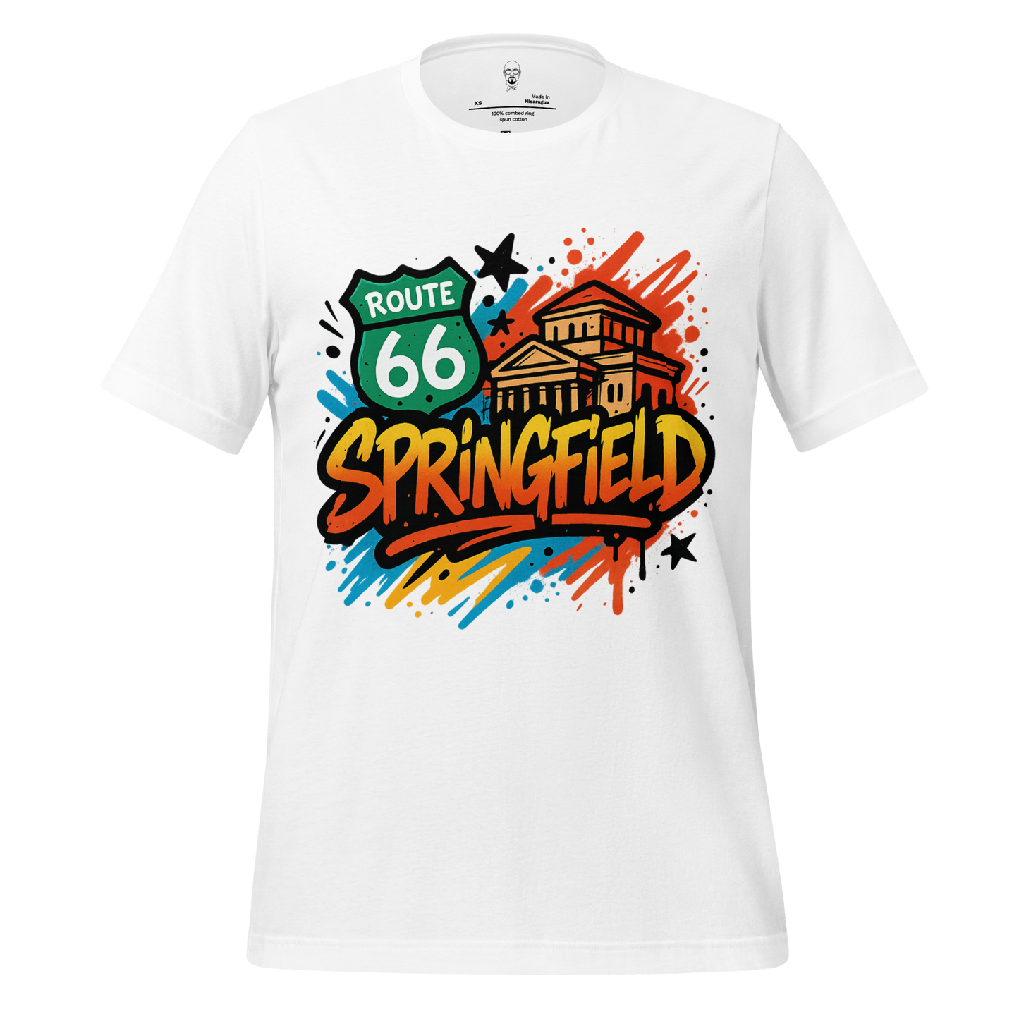 JMK Drip Springfield, Missouri Graphic T-Shirt with Route 66 and colorful graffiti design on white tee