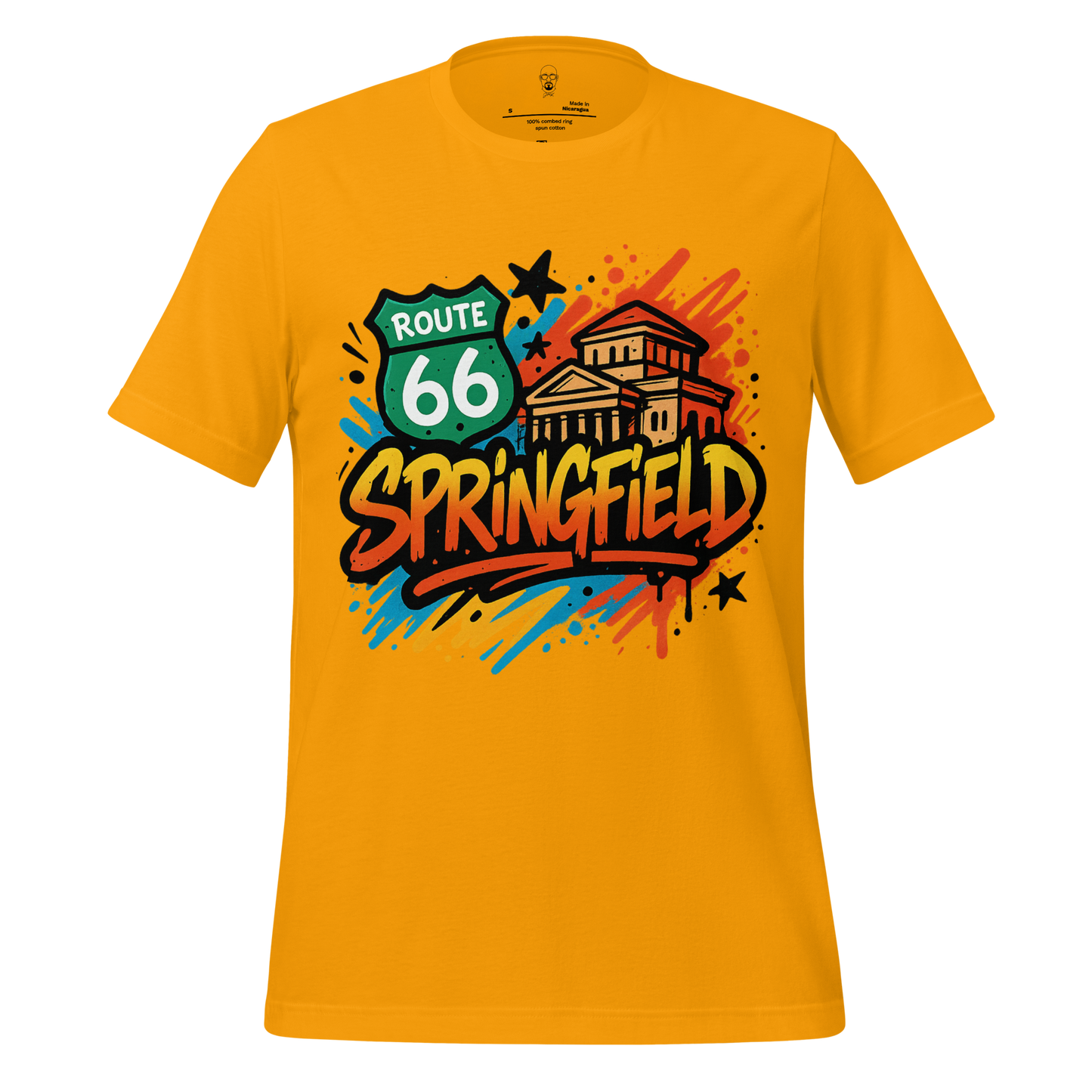 Springfield, Missouri Graphic T-Shirt in yellow with Route 66 and city building design by JMK Drip