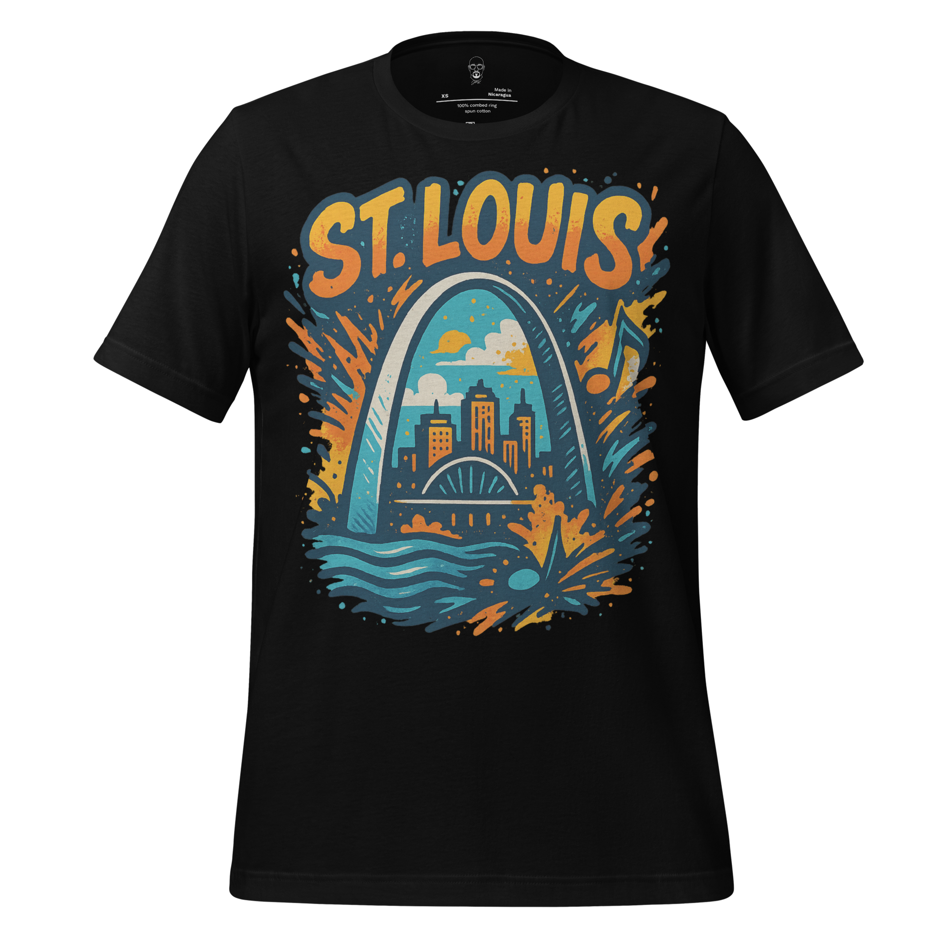 Black St Louis Graphic T Shirt featuring colorful city skyline and Gateway Arch design by JMK Drip