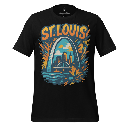 Black St Louis Graphic T Shirt featuring colorful city skyline and Gateway Arch design by JMK Drip
