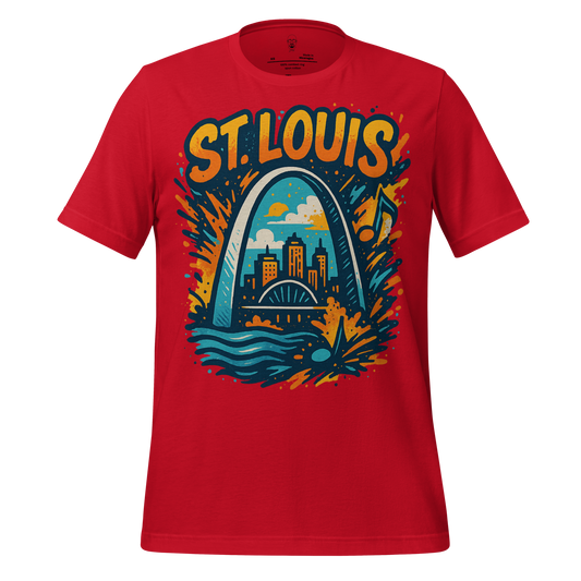 Red St. Louis Graphic T-Shirt featuring city skyline and Arch design with splash art