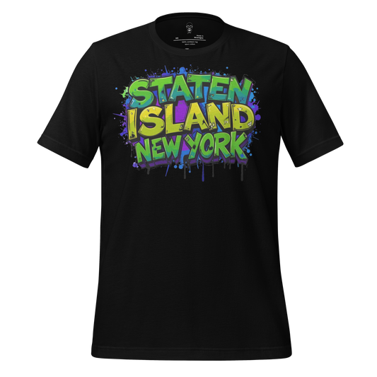 Black Staten Island t-shirt from JMK Drip with vibrant green and purple graffiti-style text design