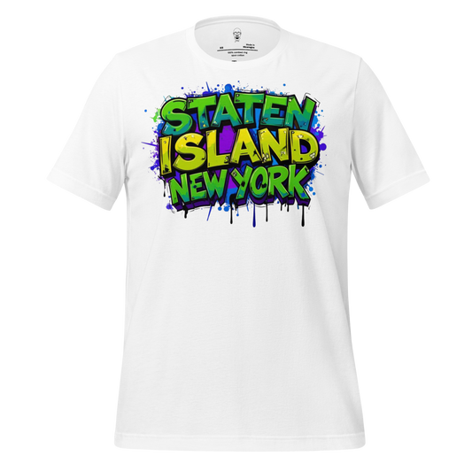 White Staten Island t-shirt with colorful graffiti style text design by JMK Drip
