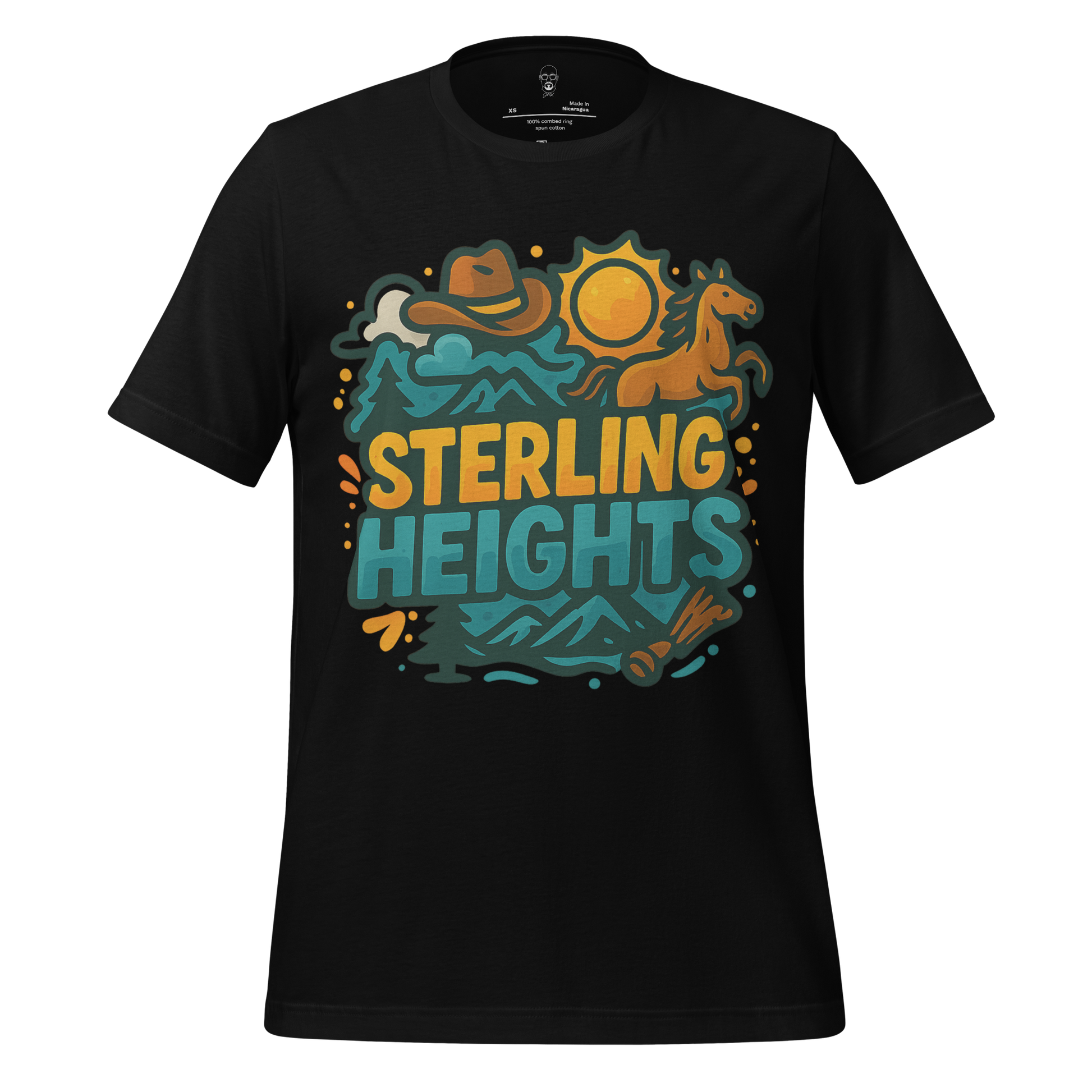 JMK Drip Sterling Heights Graphic T-Shirt with cowboy hat horse sun and mountain design on black shirt