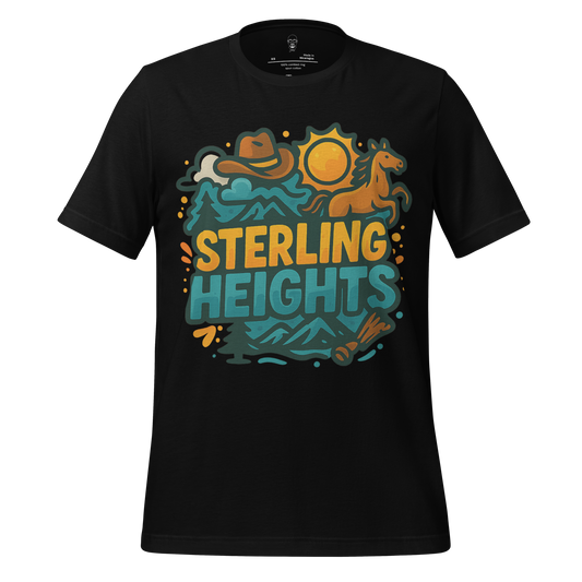 JMK Drip Sterling Heights Graphic T-Shirt with cowboy hat horse sun and mountain design on black shirt
