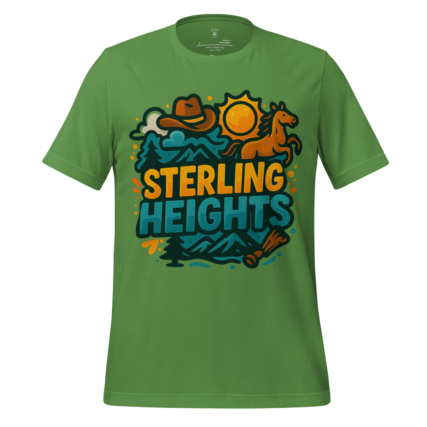 Green Sterling Heights Graphic T-Shirt featuring cowboy hat horse and sun design from JMK Drip