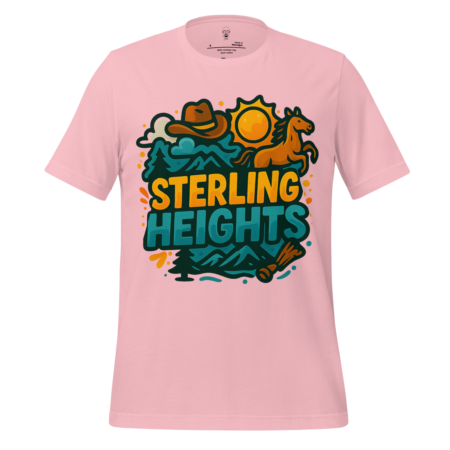 Pink Sterling Heights Graphic T-Shirt featuring horse, sun, mountains, trees, and cowboy hat design