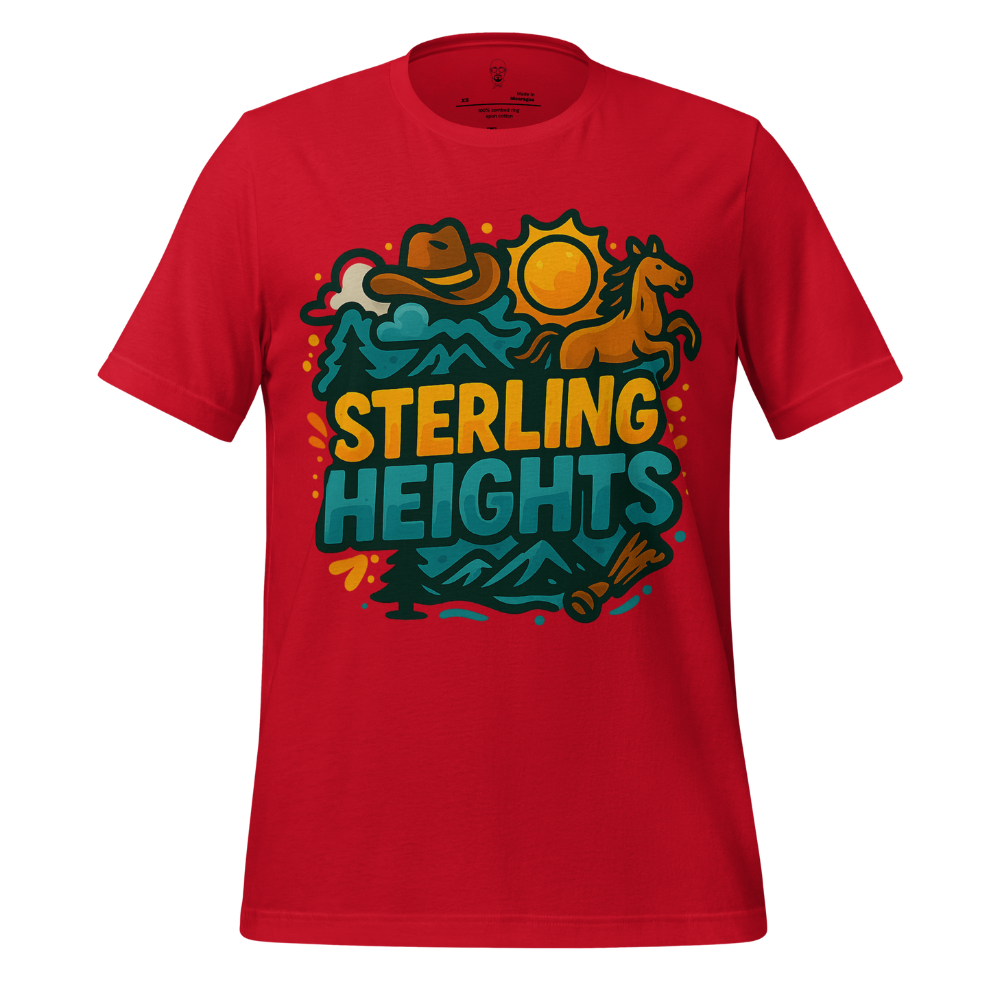 Red Sterling Heights Graphic T-Shirt featuring cowboy hat, horse, sun, and mountain design