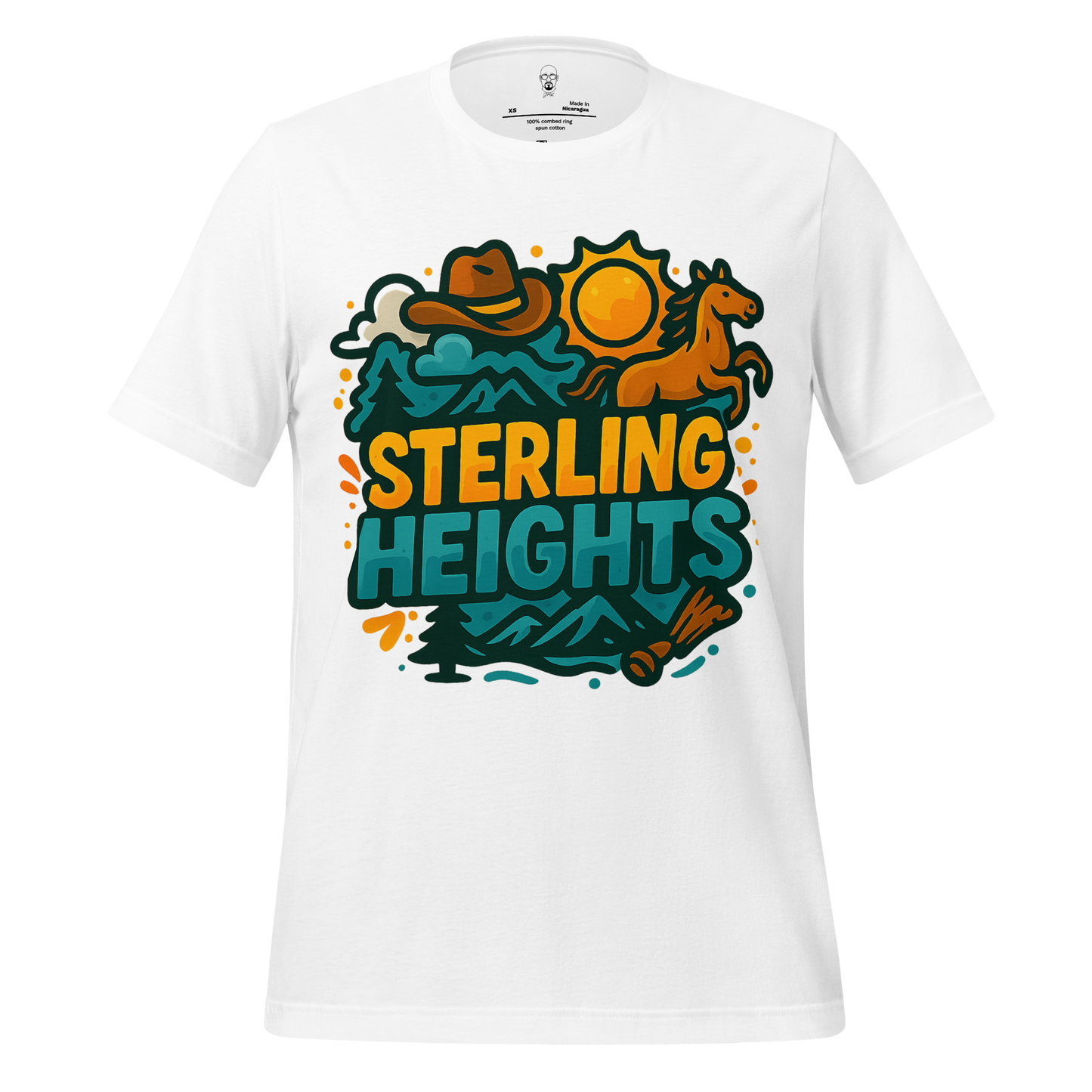 White JMK Drip Sterling Heights Graphic T-Shirt with colorful outdoor design featuring a horse, sun, mountains, and cowboy hat