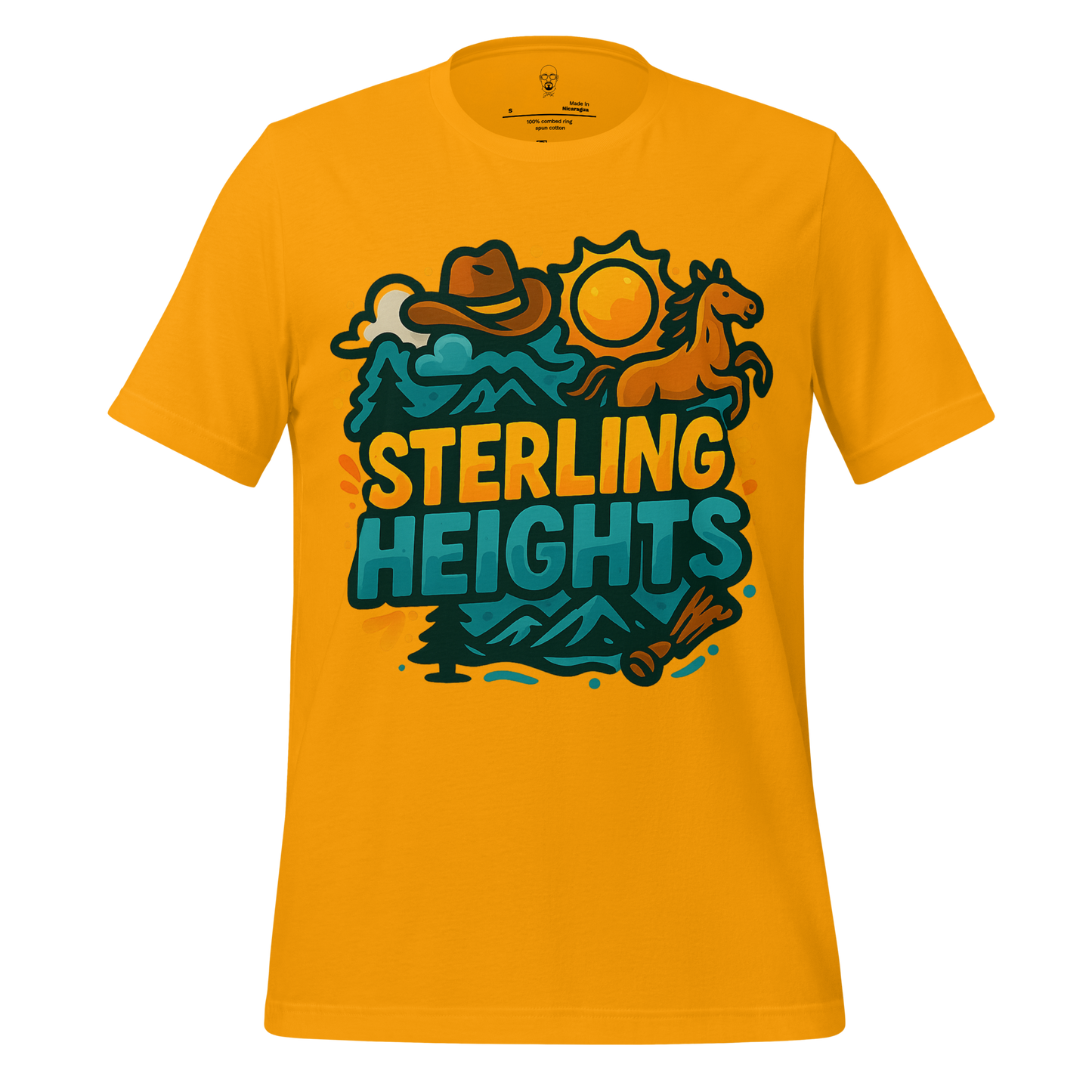 JMK Drip yellow Sterling Heights Graphic T-Shirt with cowboy hat horse sun and mountain design