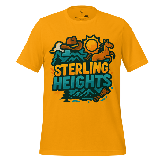 JMK Drip yellow Sterling Heights Graphic T-Shirt with cowboy hat horse sun and mountain design