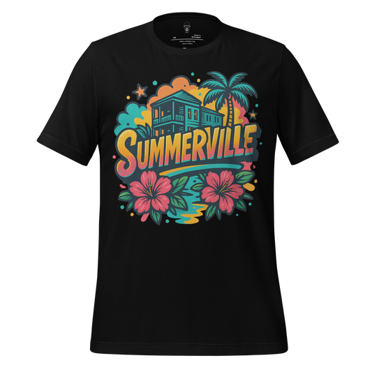 JMK Drip black Summerville graphic t-shirt with tropical house, palm tree, and hibiscus flower design