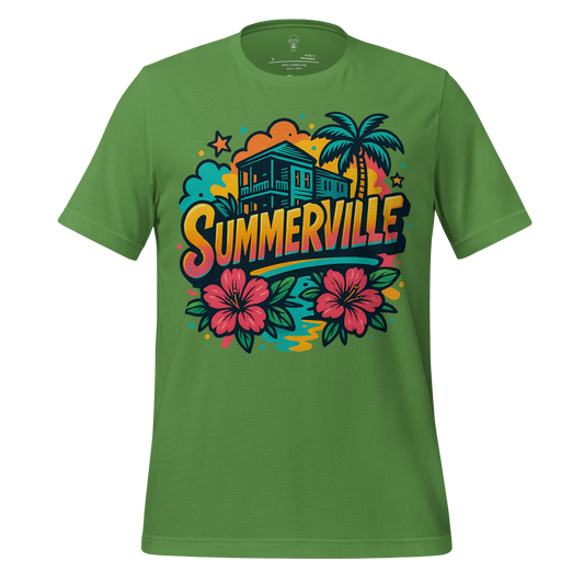 Green JMK Drip Summerville graphic t-shirt with tropical house, palm tree, and hibiscus flower design